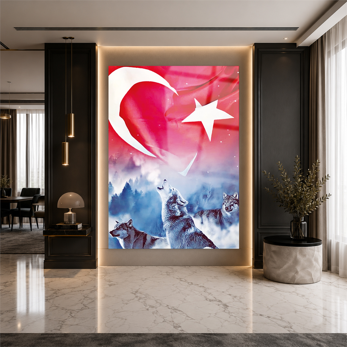 TÜRK BAYRAĞI VE KURT GÖRSELLİ CAM TABLO 