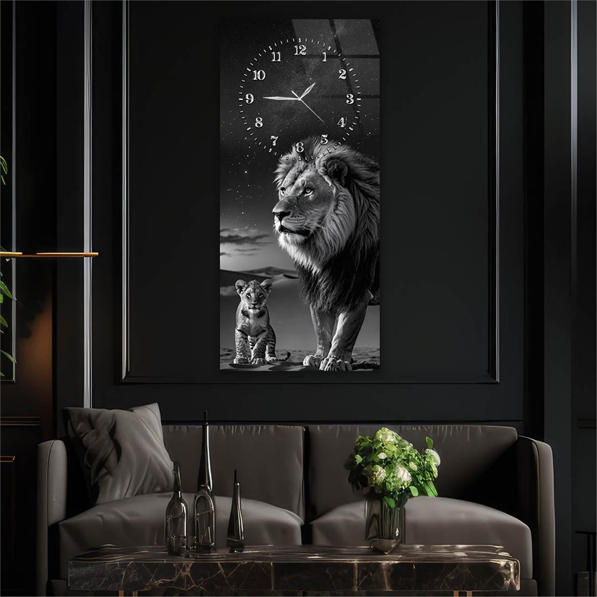 Dikey Üstten Saatli Sanat Temalı Cam Tablo 091