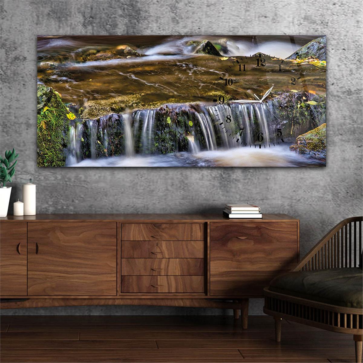 Tableau en verre à thème art et nature avec horloge latérale horizontale 052