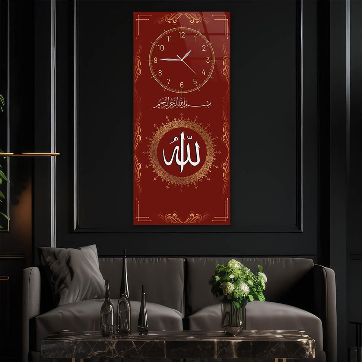 Vertical Religious Themed Glass Wall Art with Clock at the Top  038