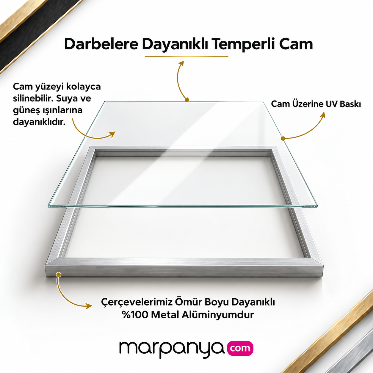 Modern Dokulu Altın Yapraklar - Gerçek Cama Baskı Alüminyum Metal Çerçeveli Tekli Cam Tablo