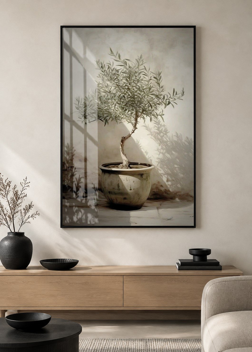Minimal Zeytin Ağacı Alüminyum Çerçeveli Dekoratif Cam Duvar Tablosu
