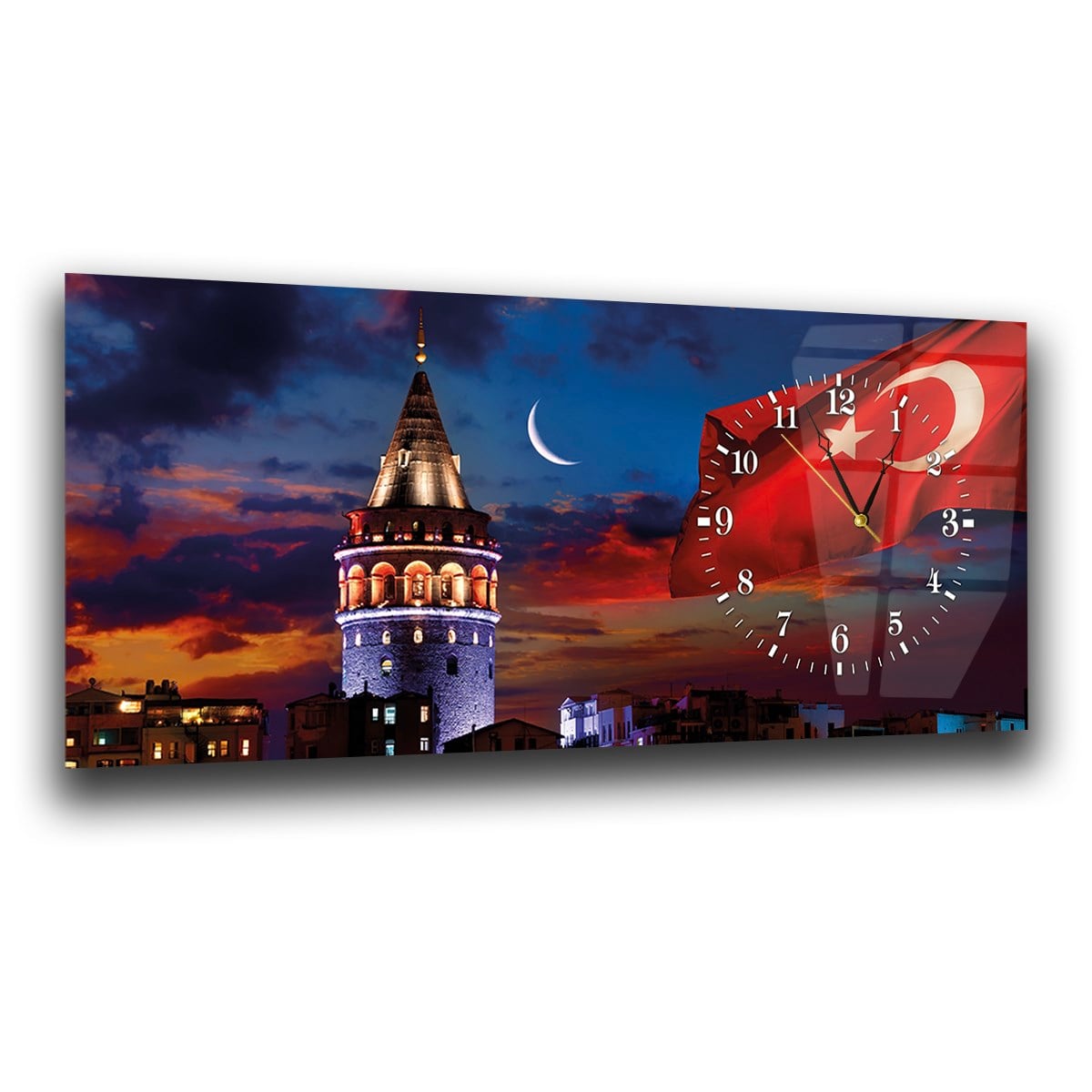 Yatay Saatli Yandan Vatan Temalı Cam Tablo 015