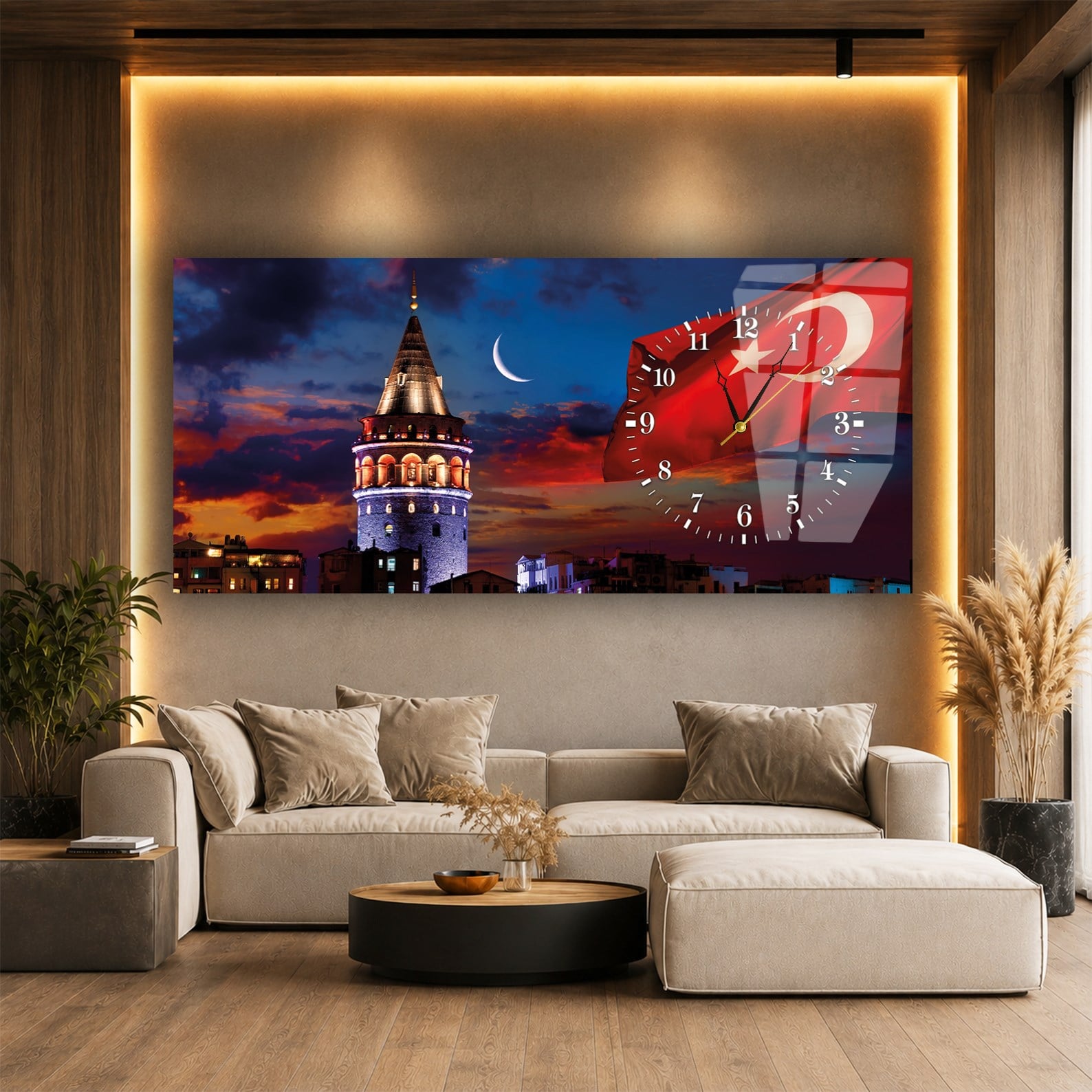 Yatay Saatli Yandan Vatan Temalı Cam Tablo 015