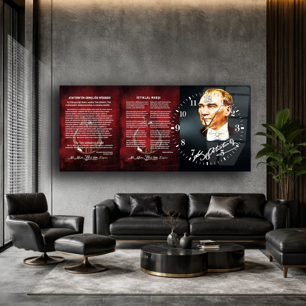 Yatay Saatli Yandan Vatan Temalı Cam Tablo 008