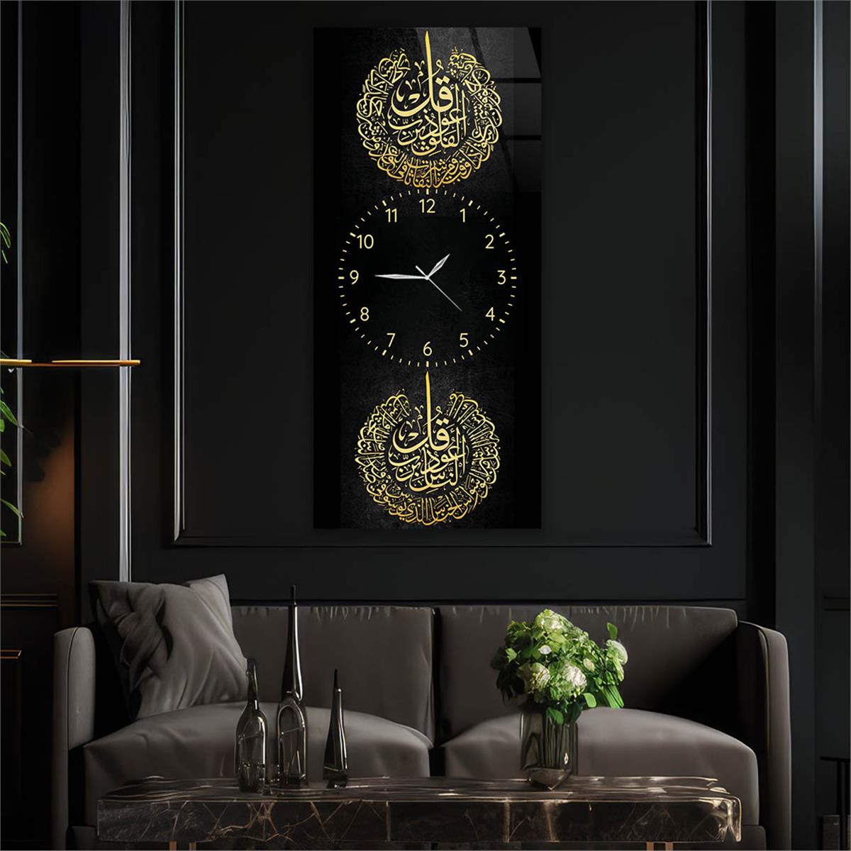 Vertical Religious Themed Glass Wall Art with Clock at the Center 001