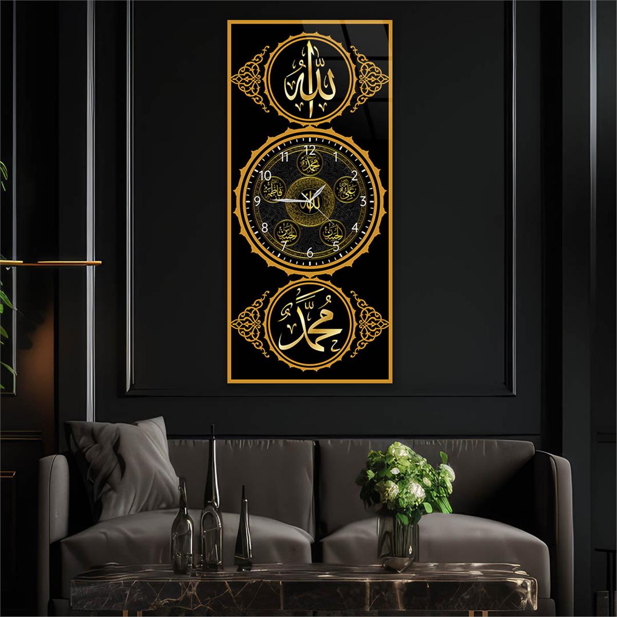 Vertical Religious Themed Glass Wall Art with Clock at the Center 016