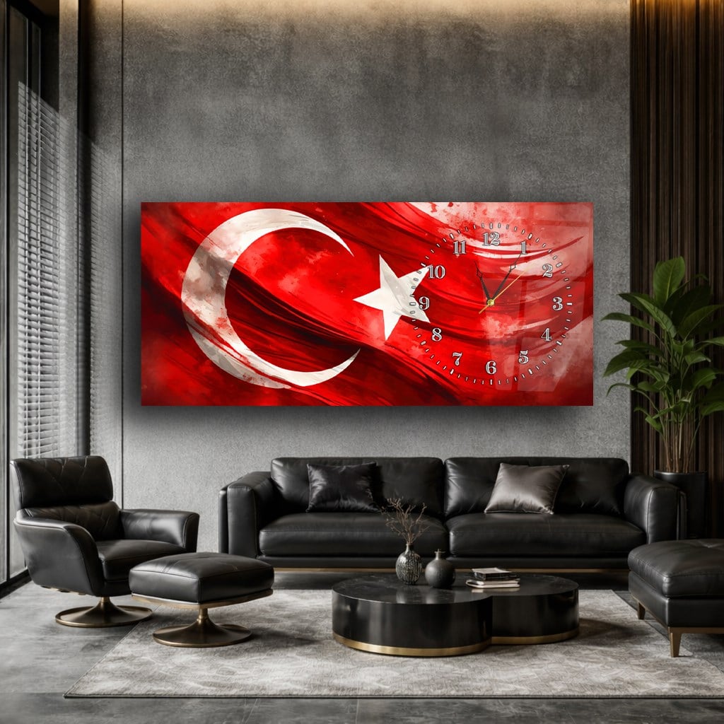 Yatay Saatli Yandan Vatan Temalı Cam Tablo 028