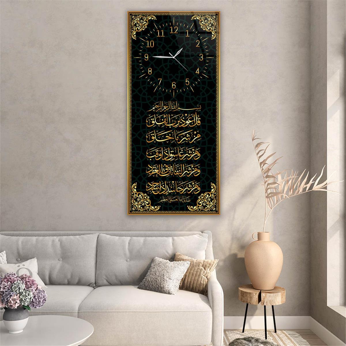Vertical Religious Themed Glass Wall Art with Clock at the Top  018