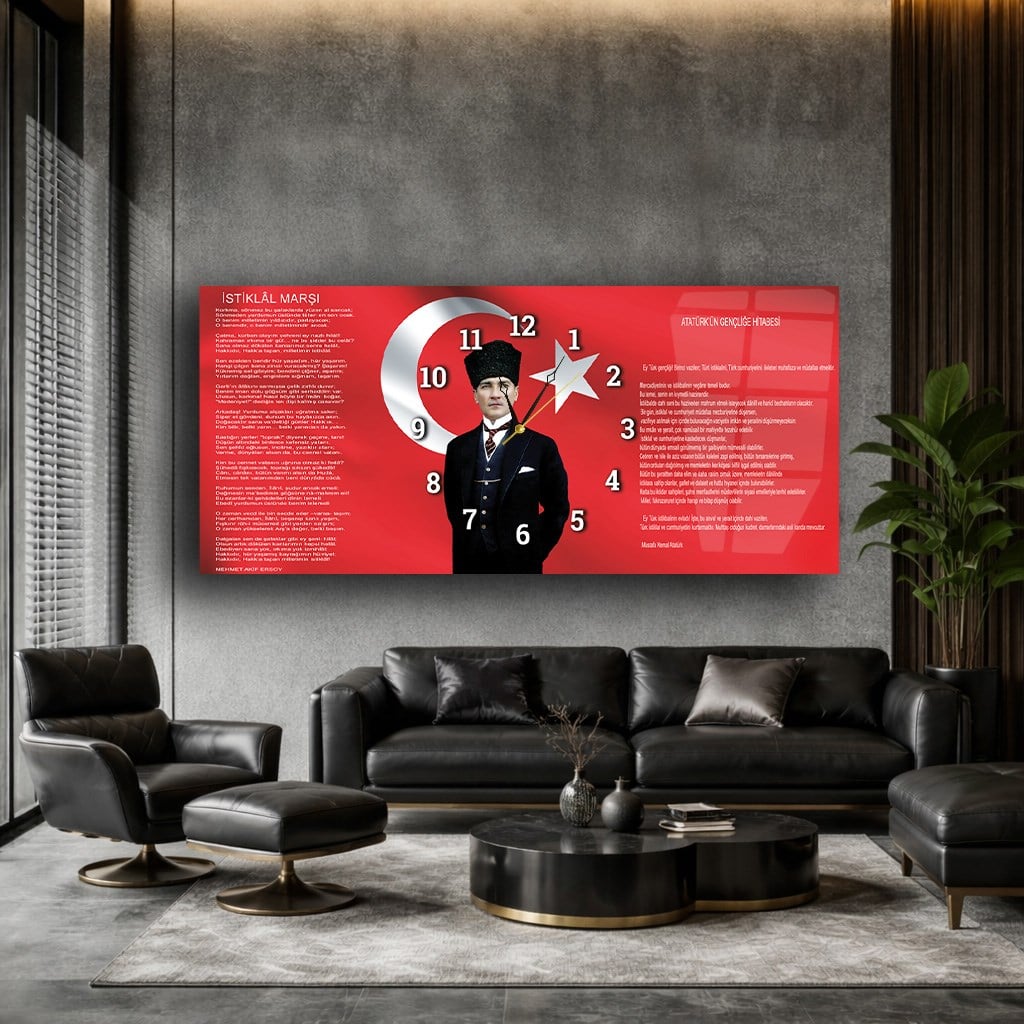 Yatay Saatli Ortadan Vatan Temalı Cam Tablo 096