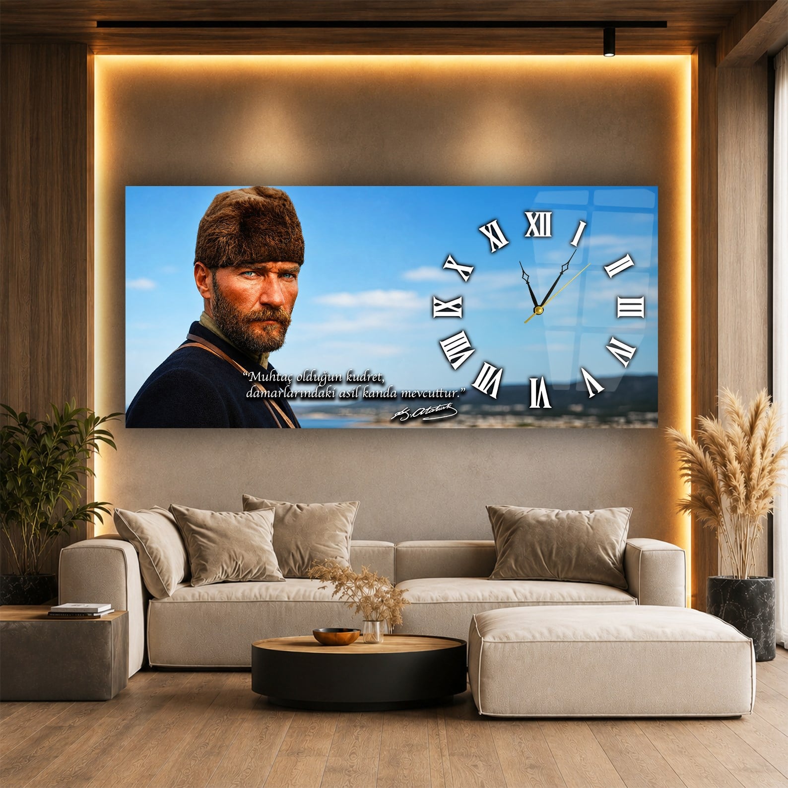 Yatay Saatli Yandan Vatan Temalı Cam Tablo 014