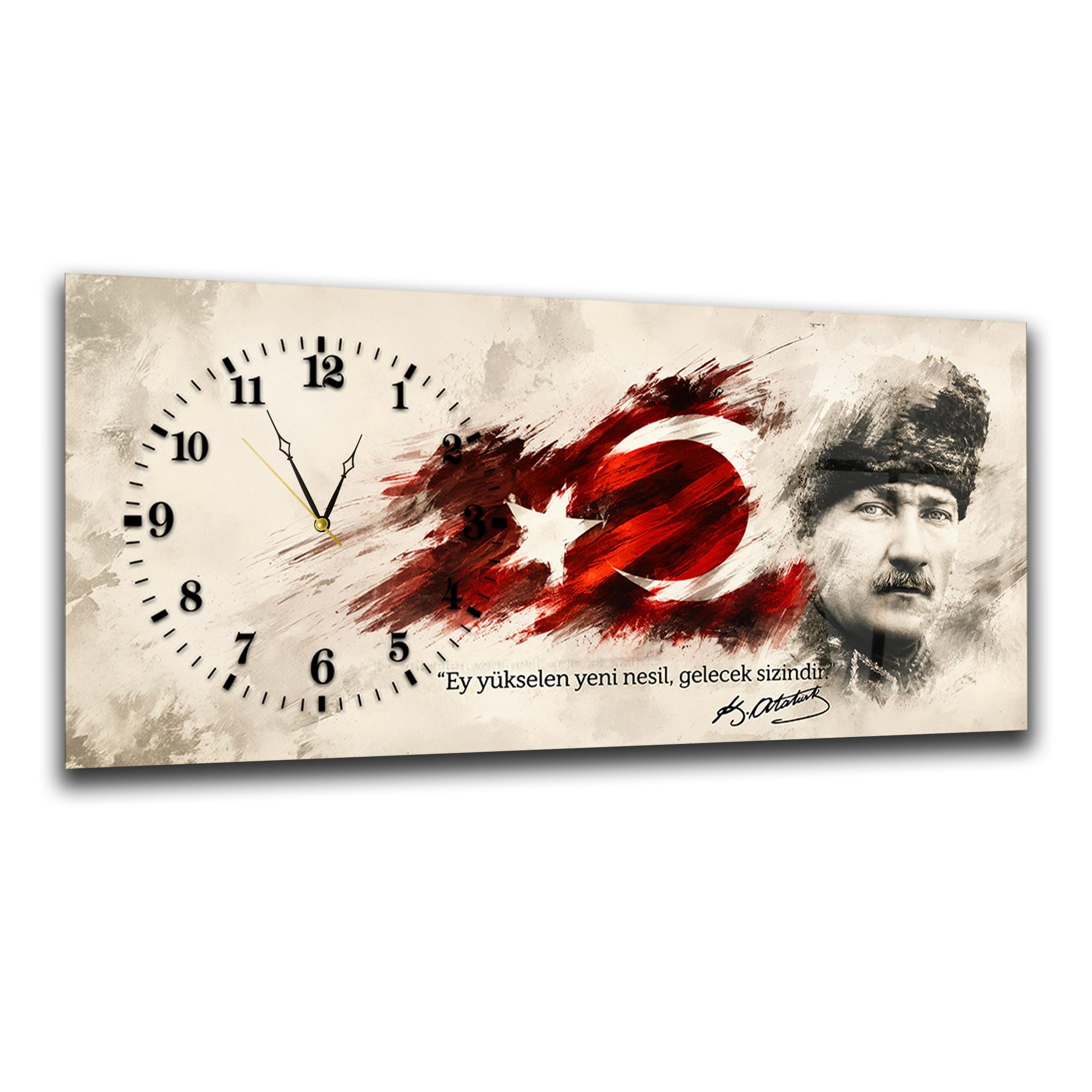 Yatay Saatli Yandan Vatan Temalı Cam Tablo 009