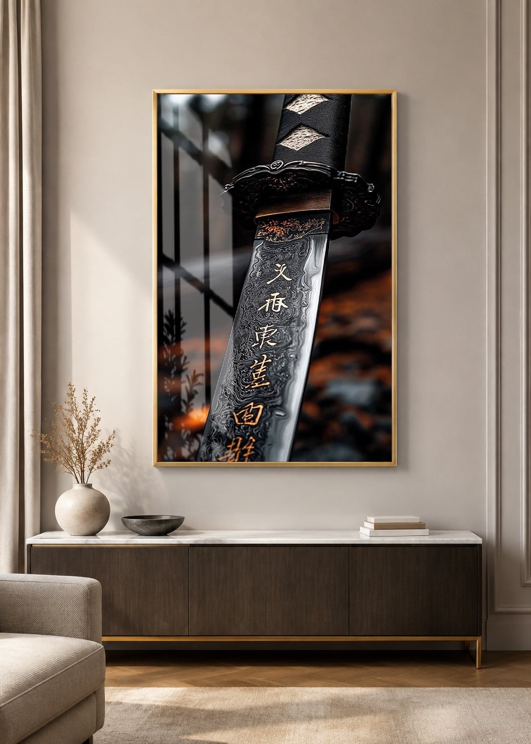 Japon Katana Kılıcı Alüminyum Çerçeveli Dekoratif Cam Duvar Tablosu