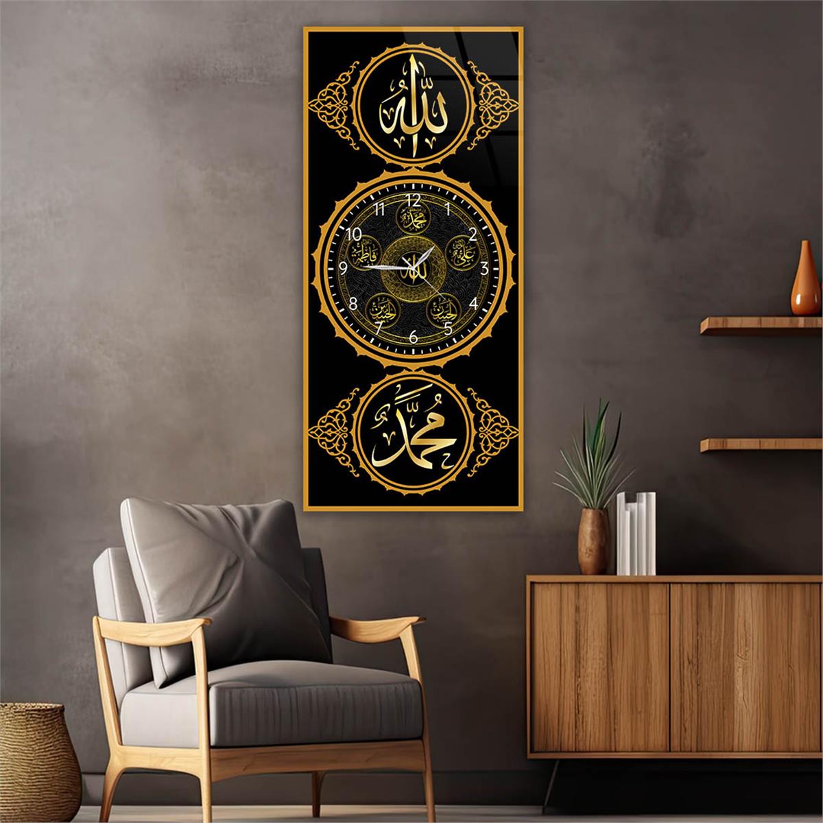 Vertical Religious Themed Glass Wall Art with Clock at the Center 016