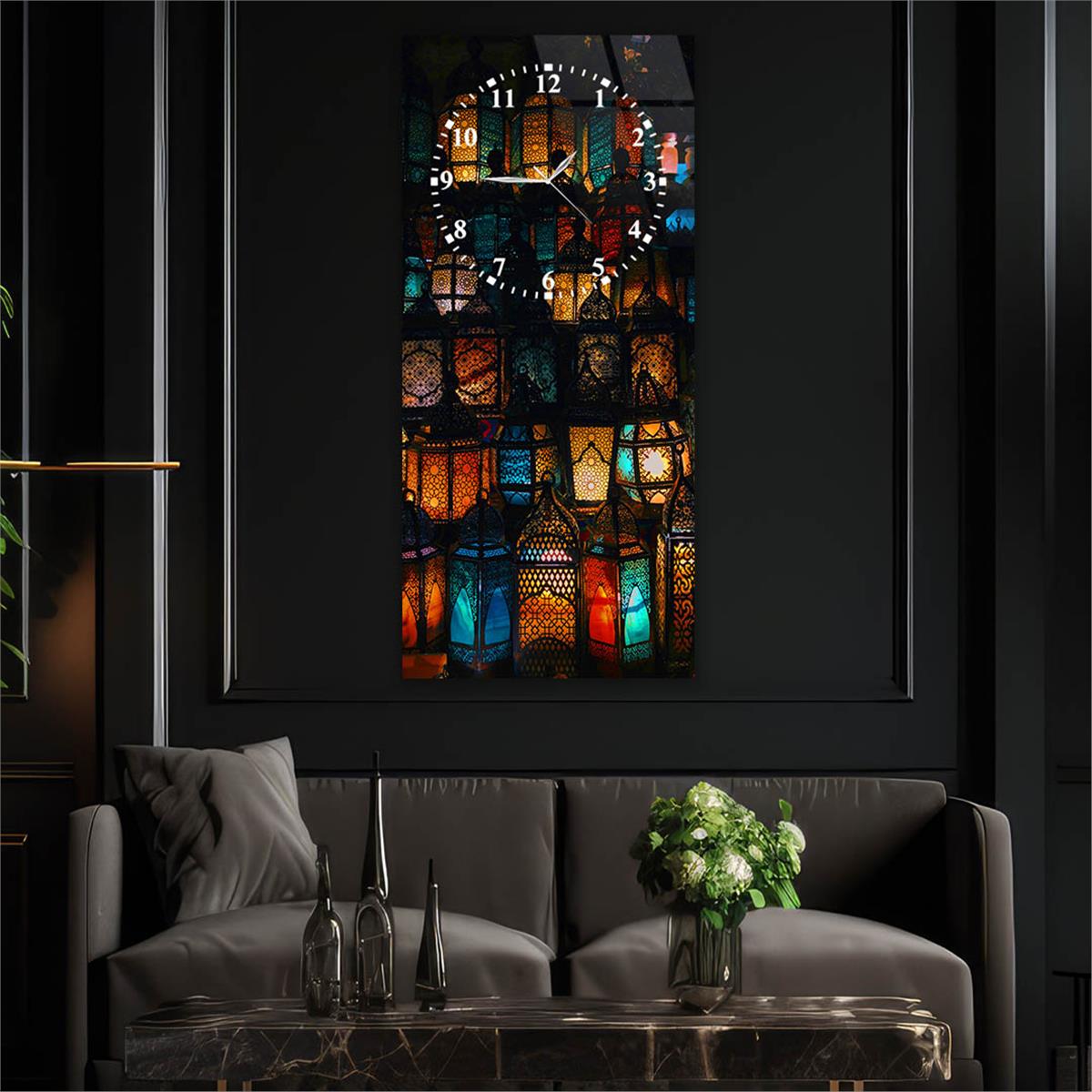 Vertical Art Themed Glass Wall Art with Clock at the Top 023