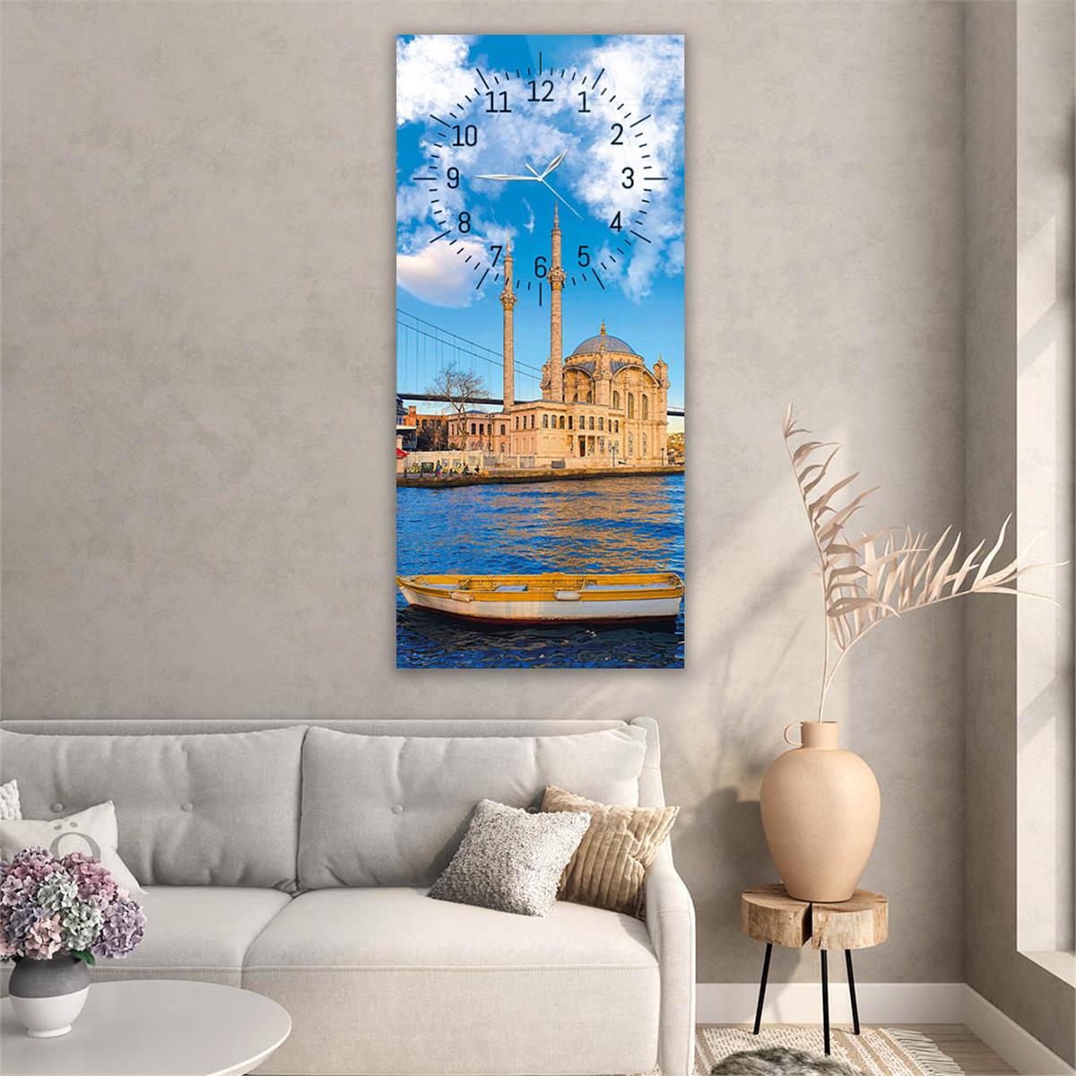 Vertical Religious Themed Glass Wall Art with Clock at the Top  007