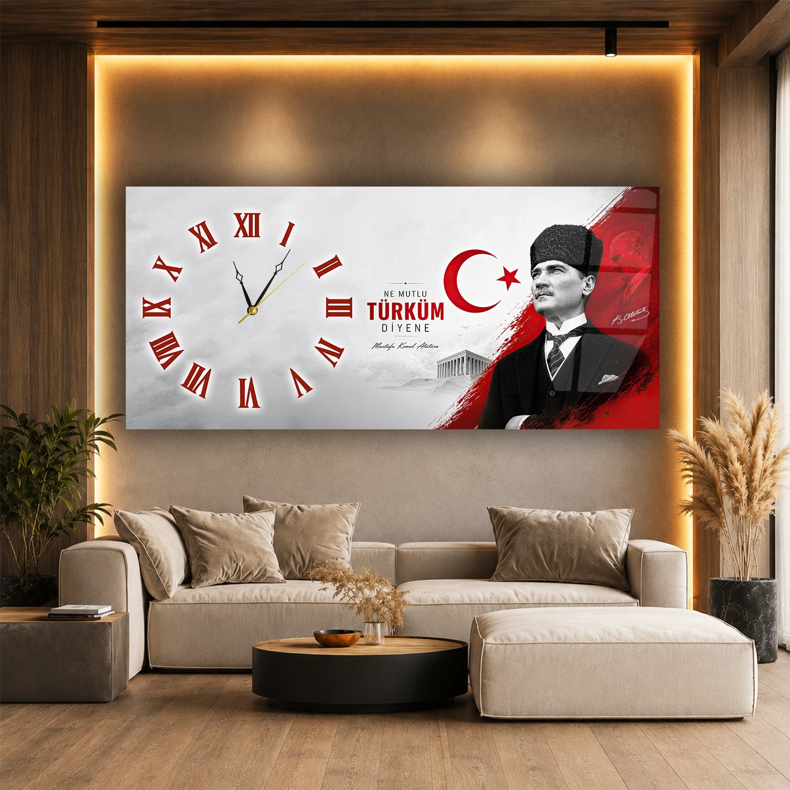 Yatay Saatli Yandan Vatan Temalı Cam Tablo 013