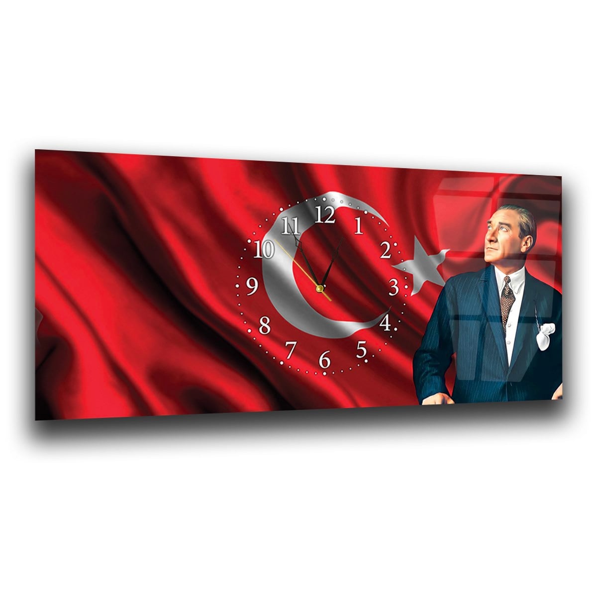 Ayyıldız Türk Bayrağı ve Atatürk Yatay Ortadan Saatli  Cam Tablo 084