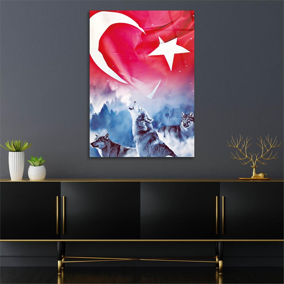 Turkish Flag and Wolf Tempered Glass Wall Art 