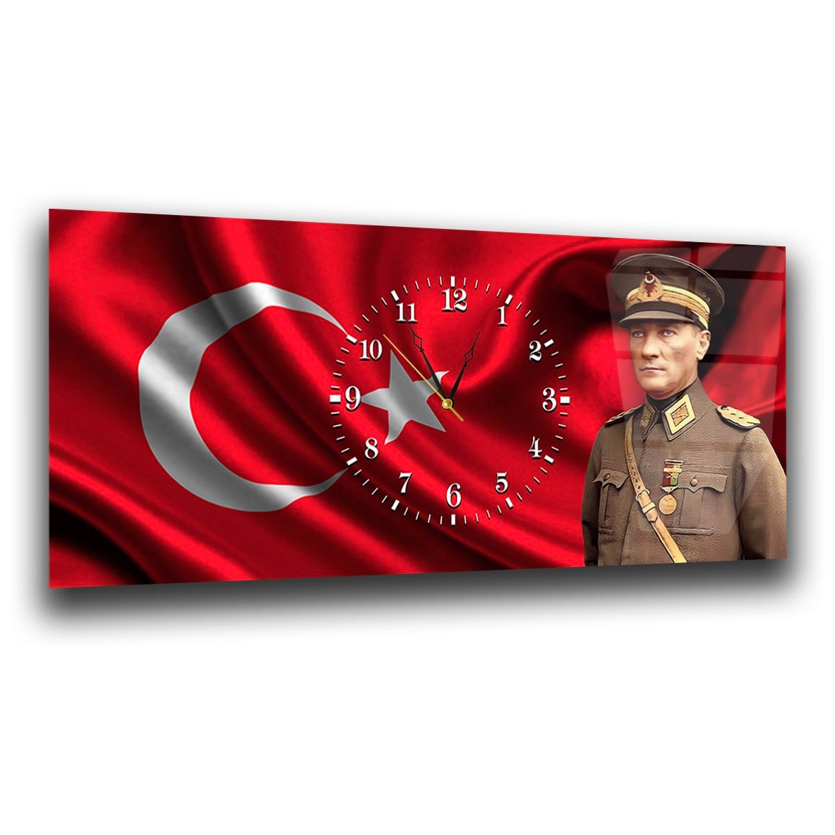 Yatay Saatli Ortadan Vatan Temalı Cam Tablo 097