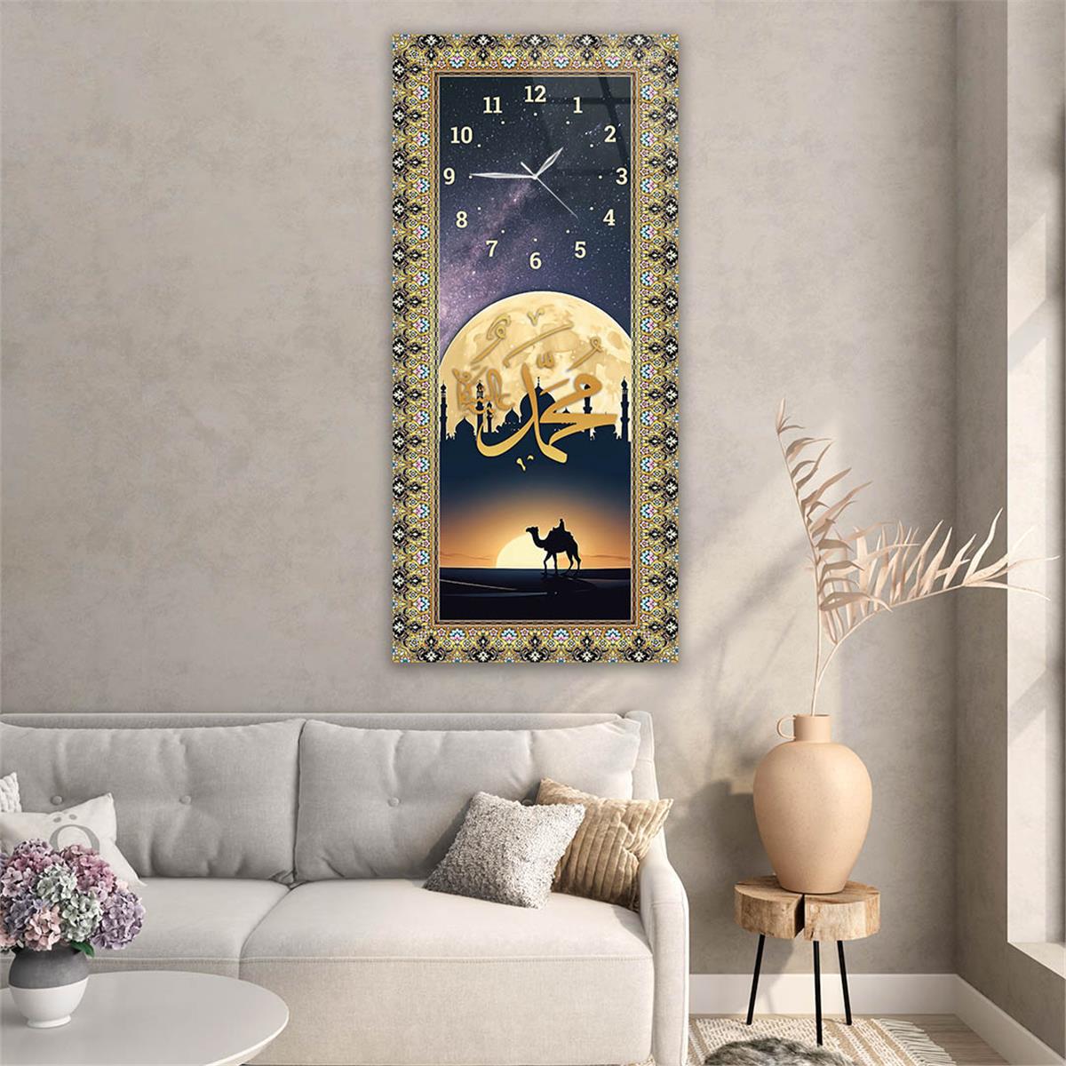 Vertical Religious Themed Glass Wall Art with Clock at the Top  042