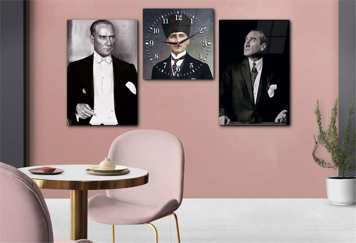  MUSTAFA KEMAL ATATÜRK Tempered Glass Wall Art Set with Clock