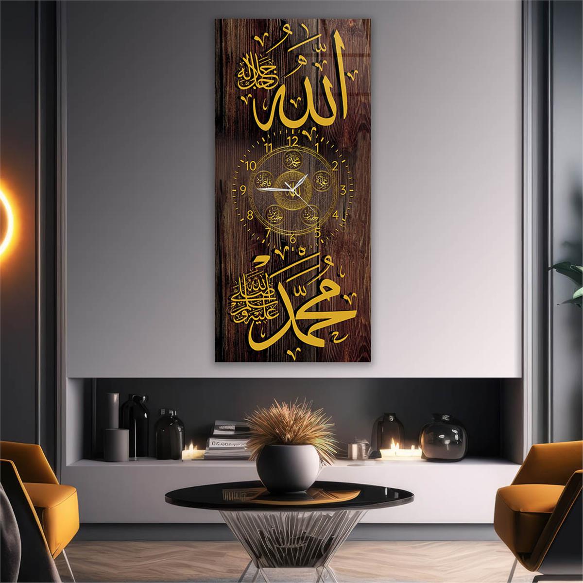 Vertical Religious Themed Glass Wall Art with Clock at the Center 012