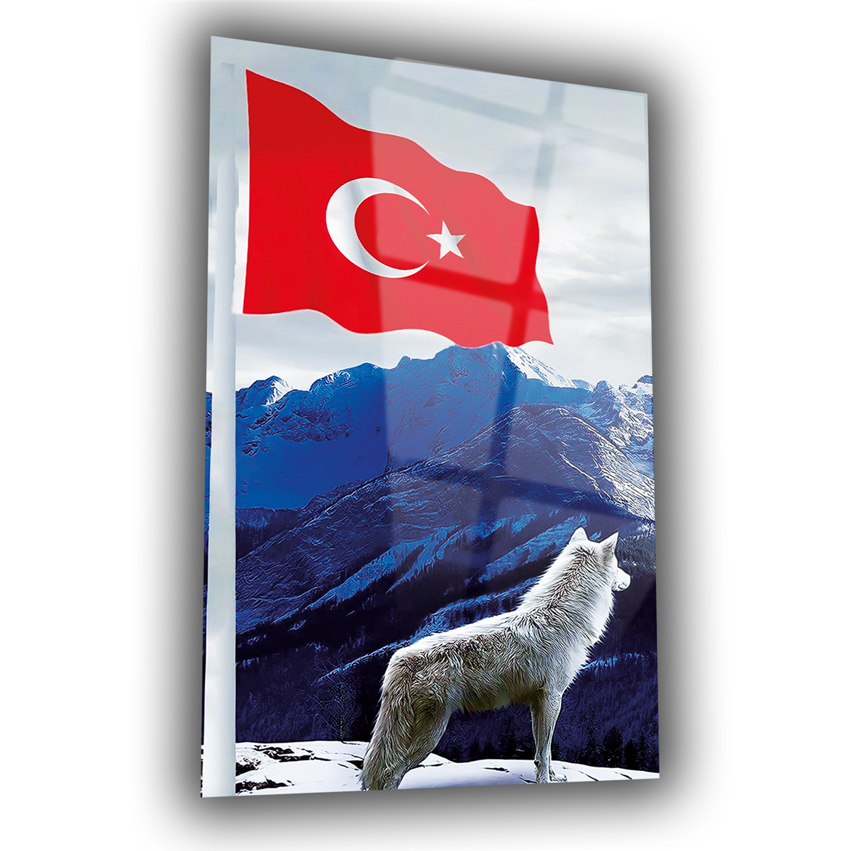 TÜRK BAYRAĞI VE KURT GÖRSELLİ CAM TABLO 