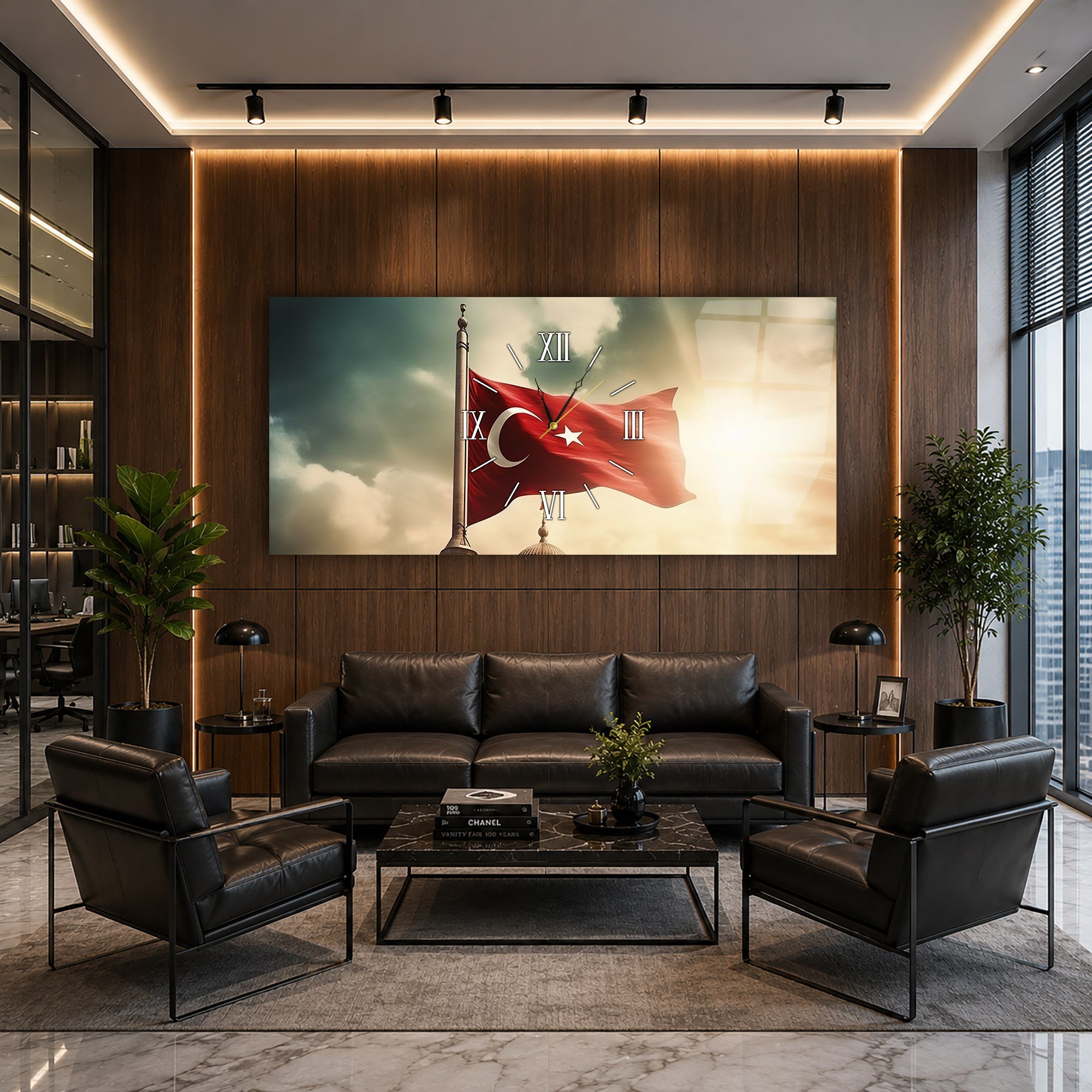 Bulutlar Arasında Dalgalanan Türk Bayrağı Saatli  Cam Tablo 080