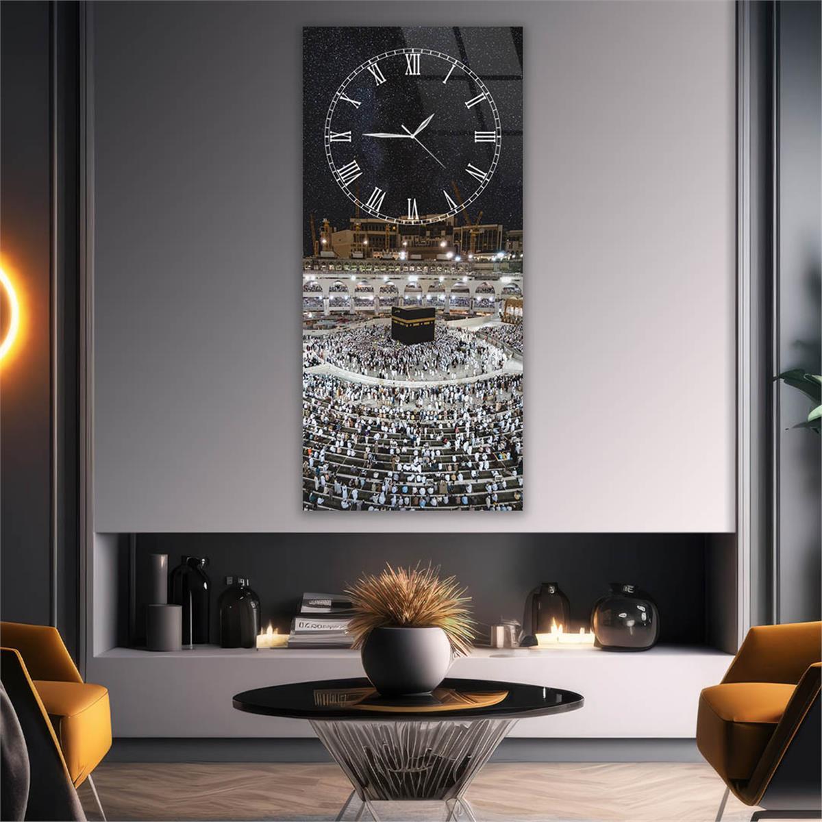 Vertical Religious Themed Glass Wall Art with Clock at the Top  023