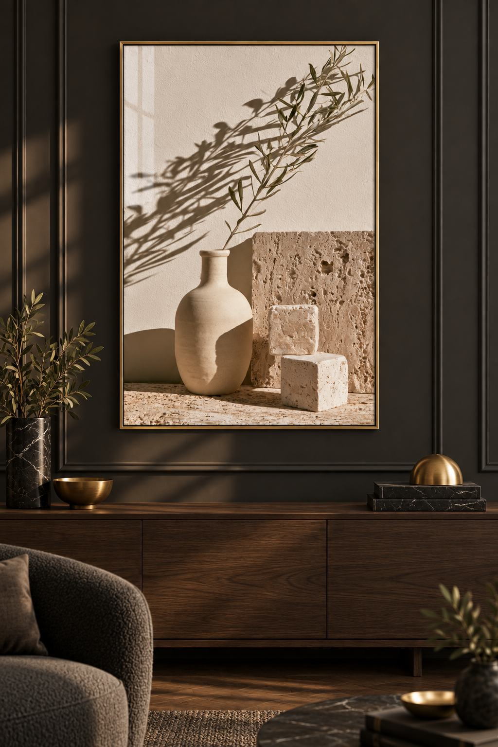 Modern Minimalist Vazo ve Doğal Taş - Gerçek Cama Baskı Alüminyum Metal Çerçeveli Tekli Cam Tablo