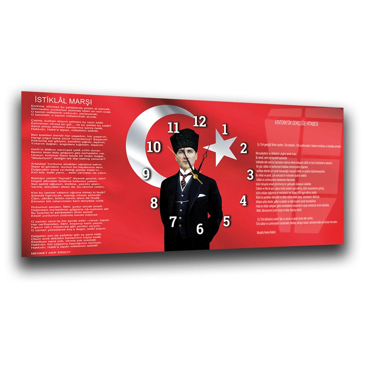 Yatay Saatli Ortadan Vatan Temalı Cam Tablo 096