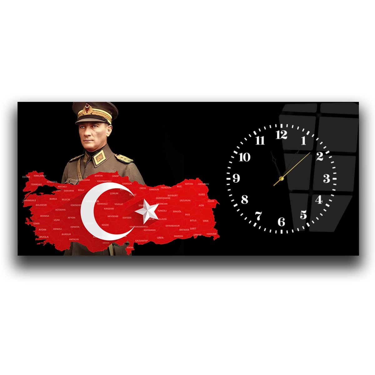 Yatay Saatli Yandan Vatan Temalı Cam Tablo 031