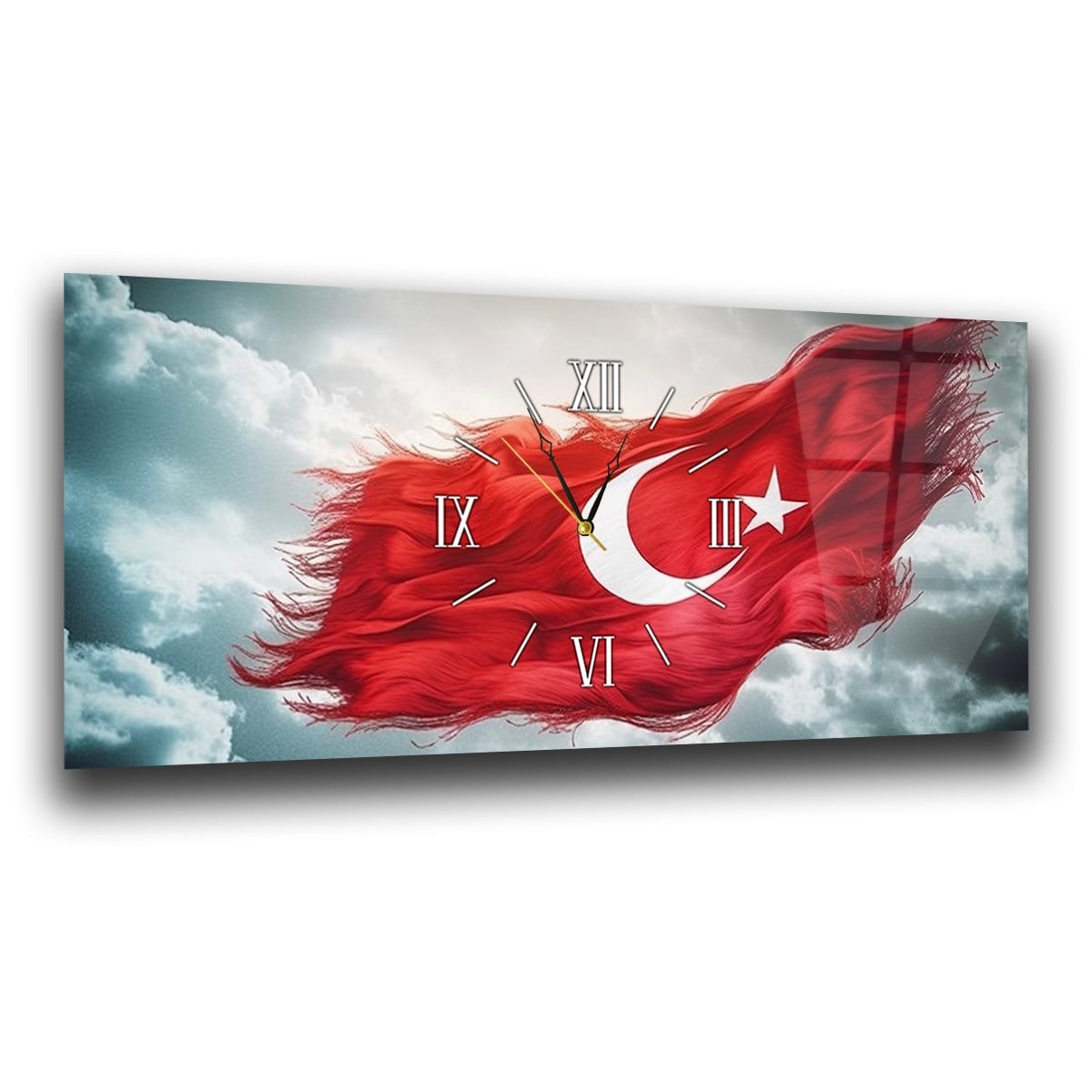 Bulutlar Arasında Dalgalanan Türk Bayrağı Saatli  Cam Tablo 079