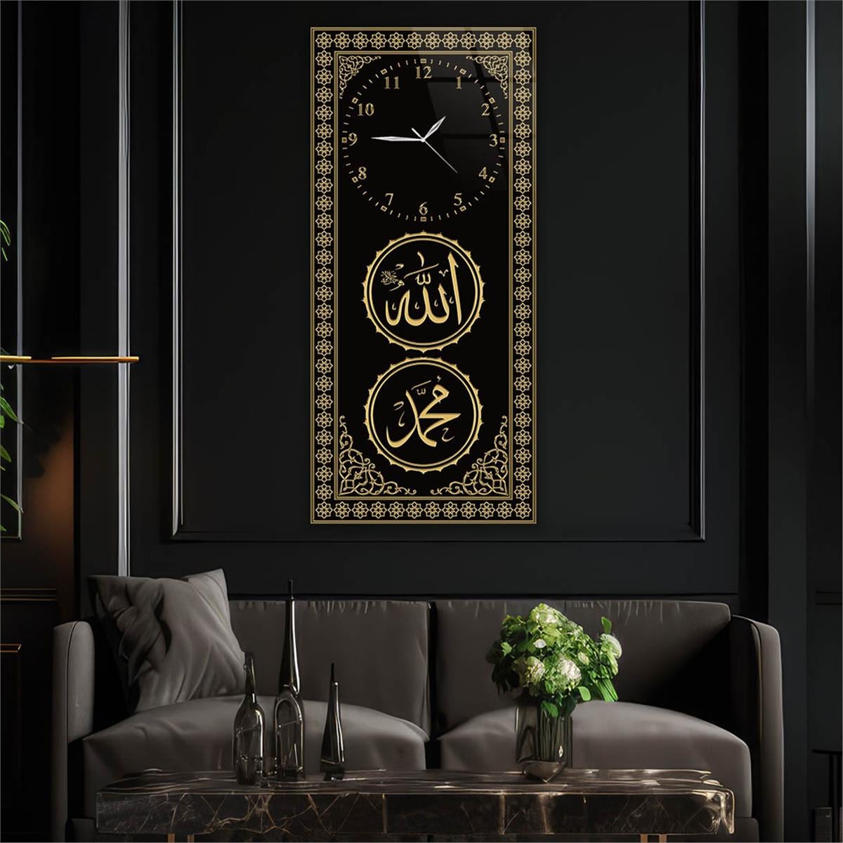 Vertical Religious Themed Glass Wall Art with Clock at the Top  045