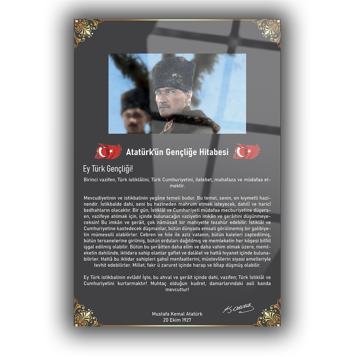 Atatürk İmzalı Gençliğe Hitabesi Cam Tablo