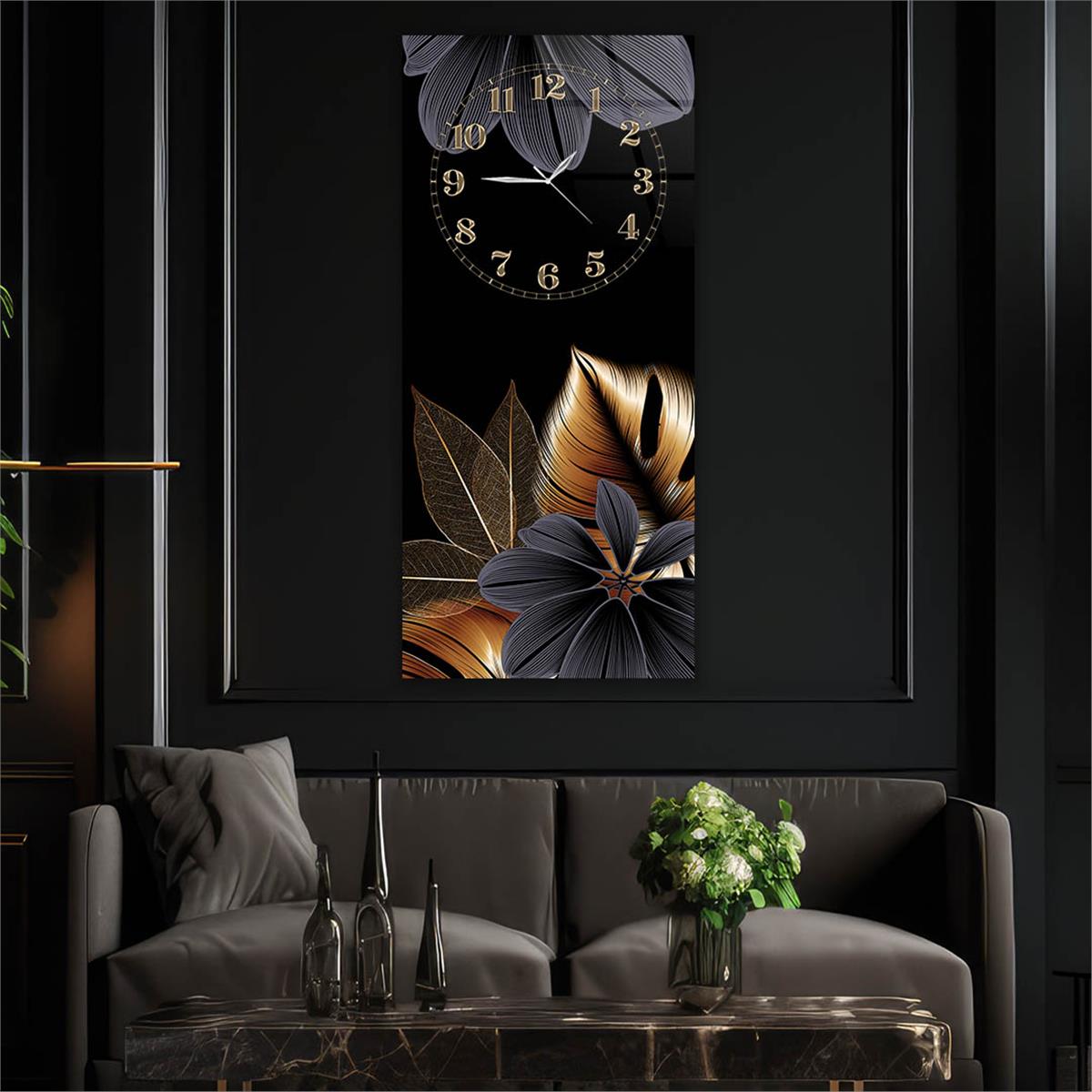 Tableau en verre à thème art et nature vertical avec horloge en haut 081