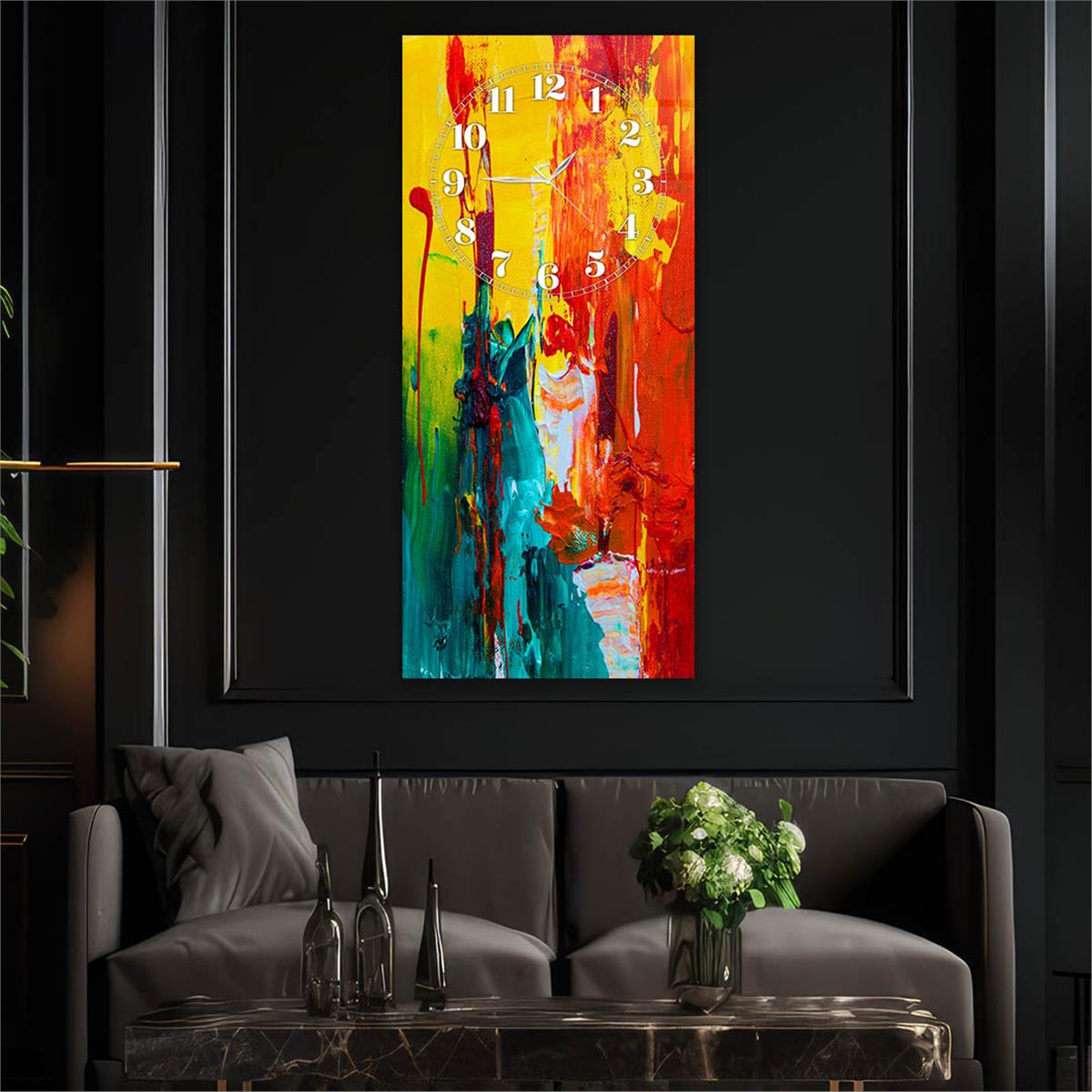Vertical Art Themed Glass Wall Art with Clock at the Top 013