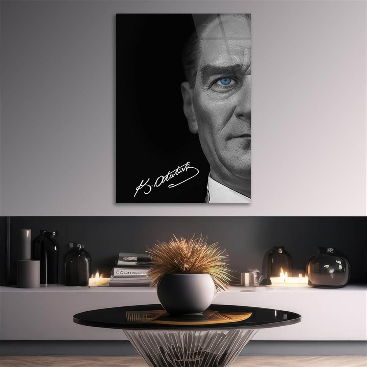 Mustafa Kemal Atatürk, His Blue Eyes and Signature Glass Wall Art