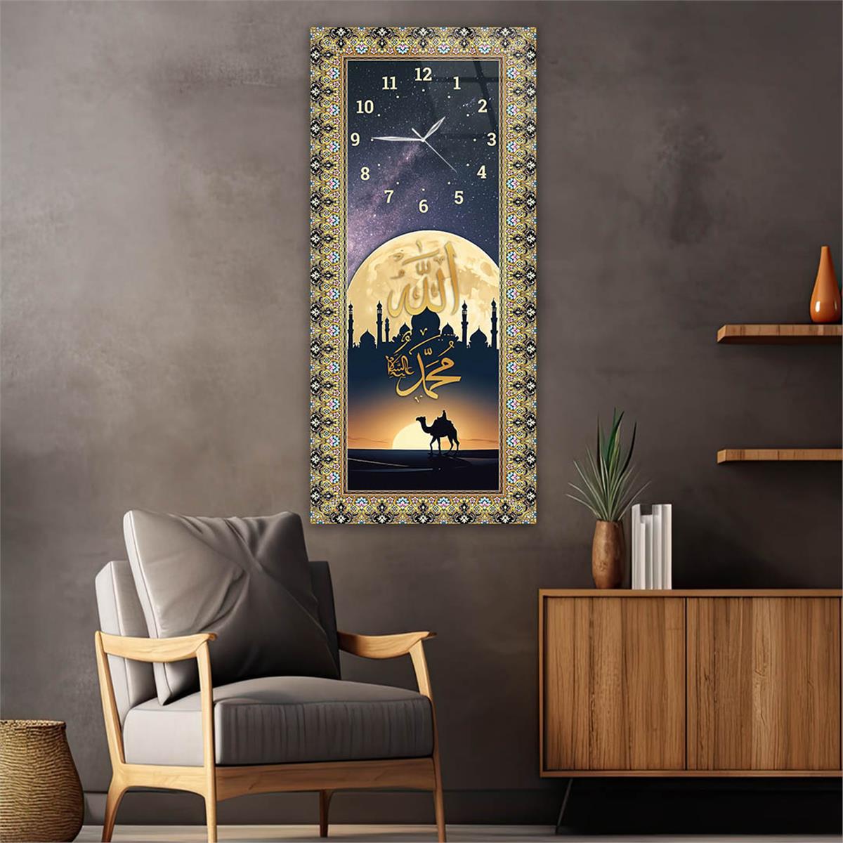 Vertical Religious Themed Glass Wall Art with Clock at the Top  043