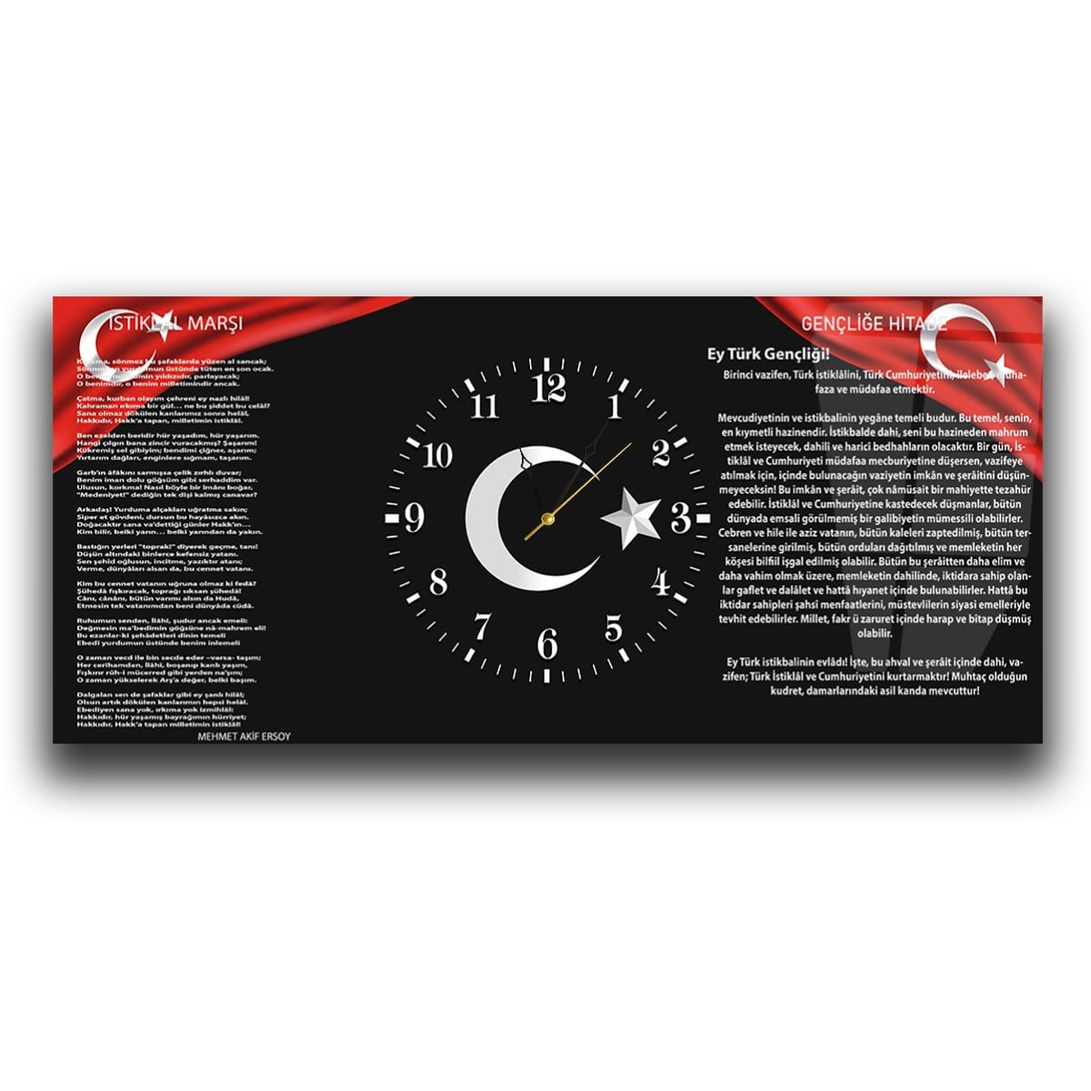 Yatay Ortadan Saatli  Vatan Temalı Cam Tablo 005