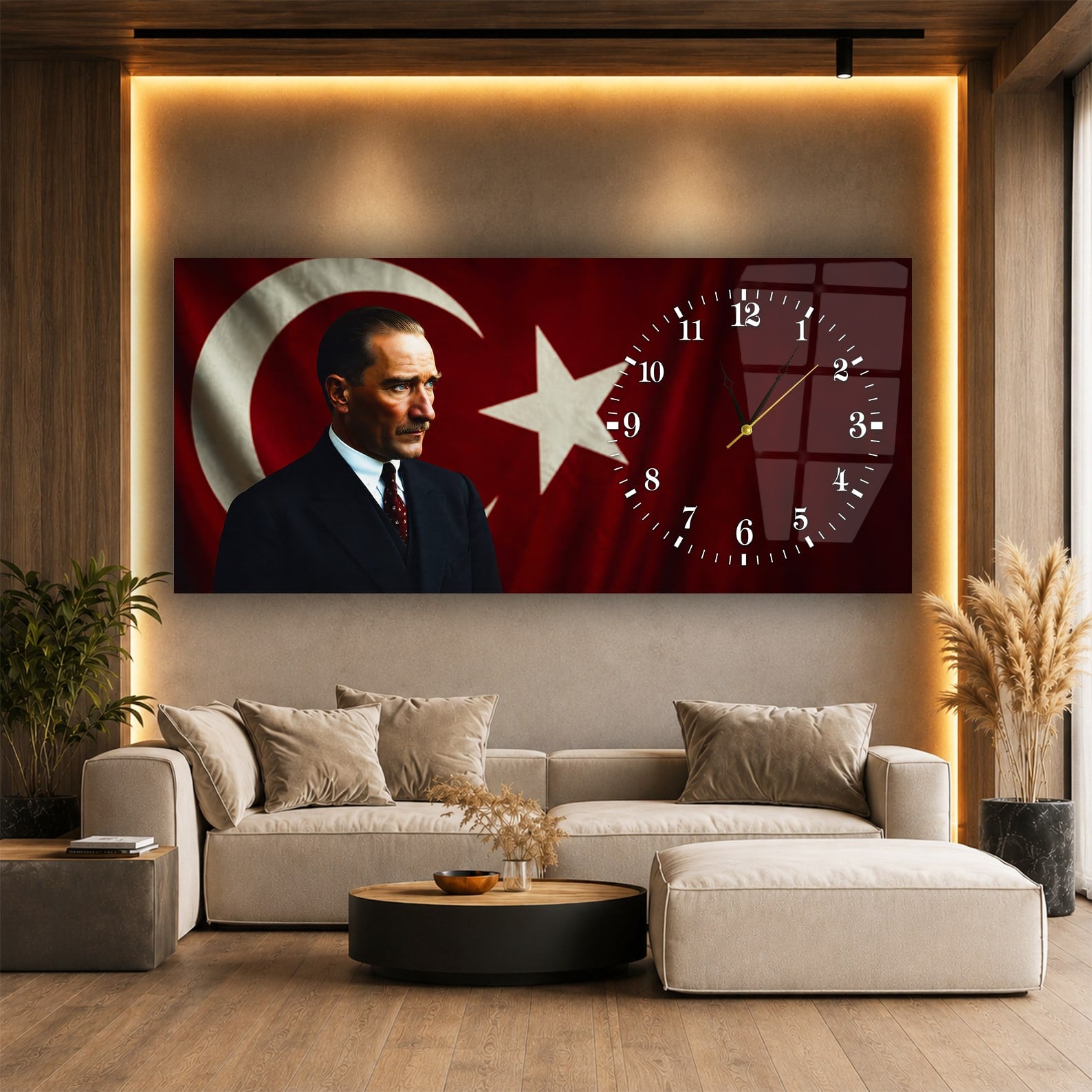 Cumhuriyetin Mimarı | Atatürk, Türk Bayrağı ve Anıtkabir Saatli Cam Tablo