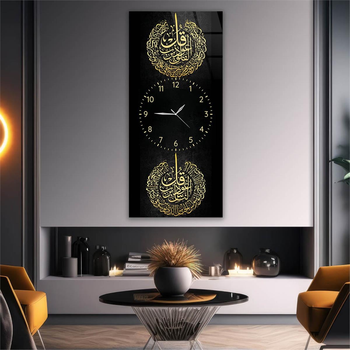 Vertical Religious Themed Glass Wall Art with Clock at the Center 001