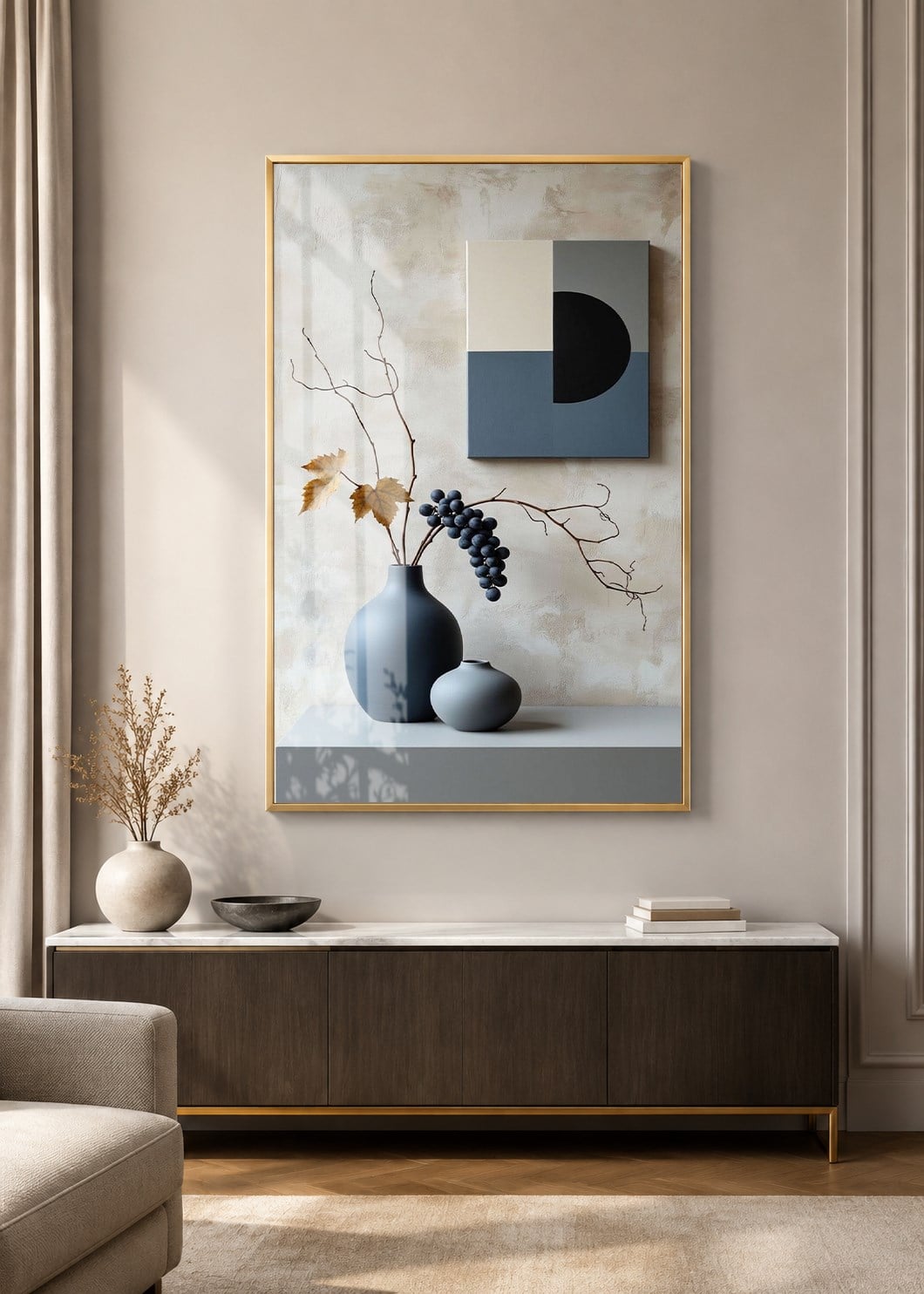 Geometrik Detaylı Siyah Vazolar Alüminyum Çerçeveli Modern Cam Duvar Tablosu