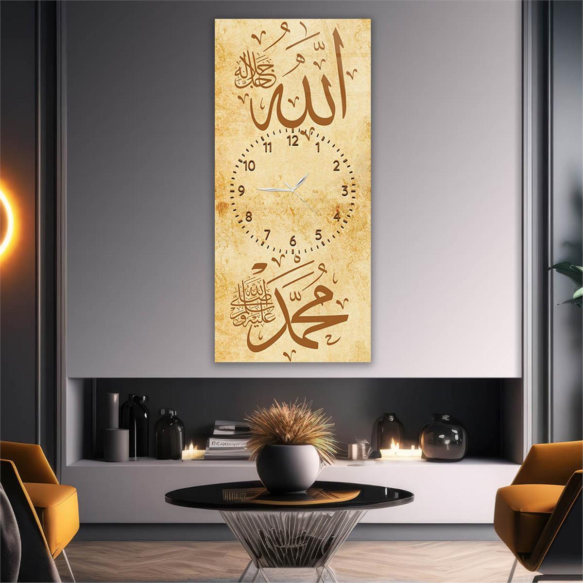 Vertical Religious Themed Glass Wall Art with Clock at the Center 002