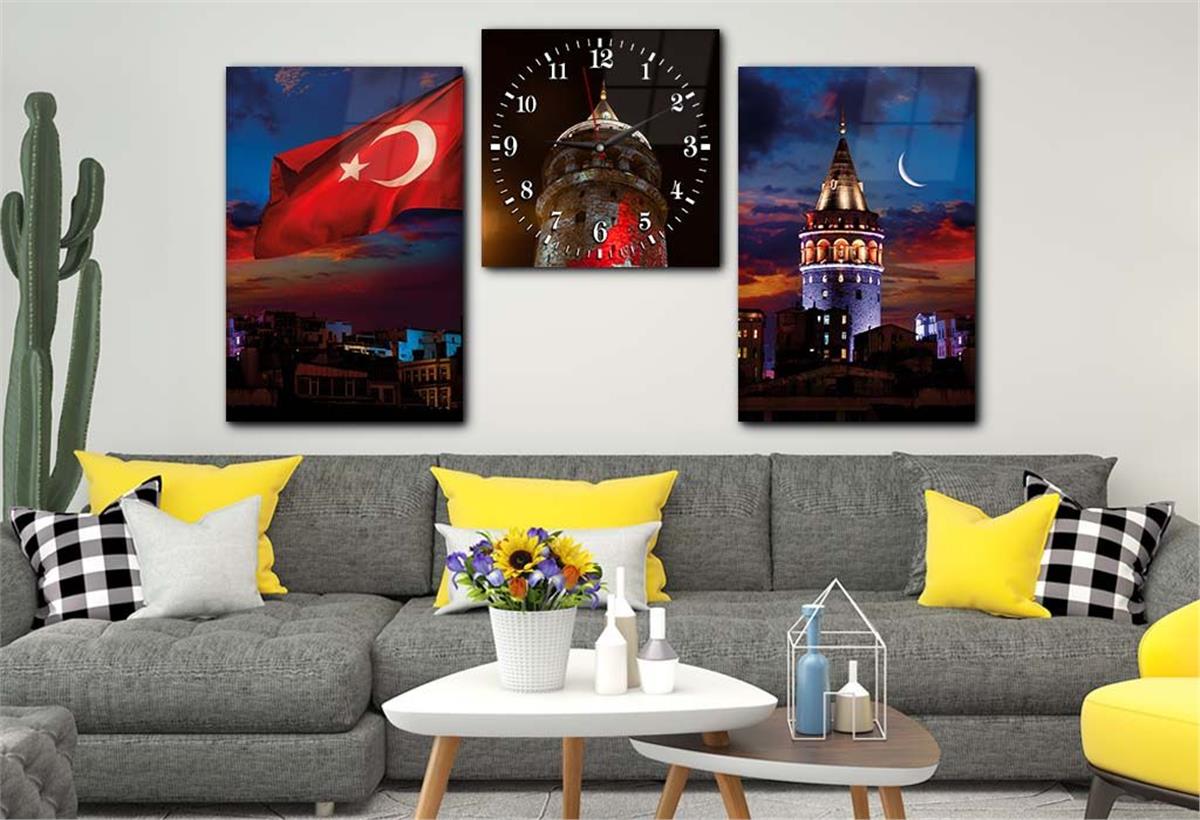 Galata Tower and Turkish Flag Tempered Glass Wall Art Set with Clock
