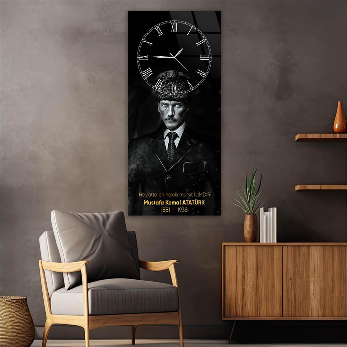 Vertical National Themed Glass Wall Art with Clock at the Top 028