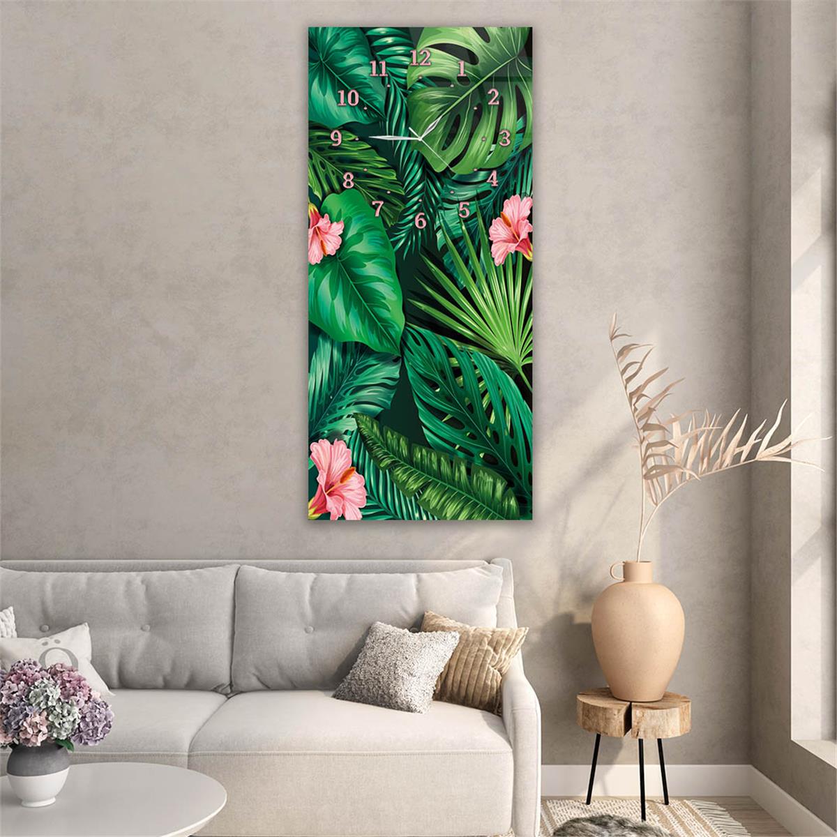 Tableau en verre à thème art et nature vertical avec horloge en haut 043