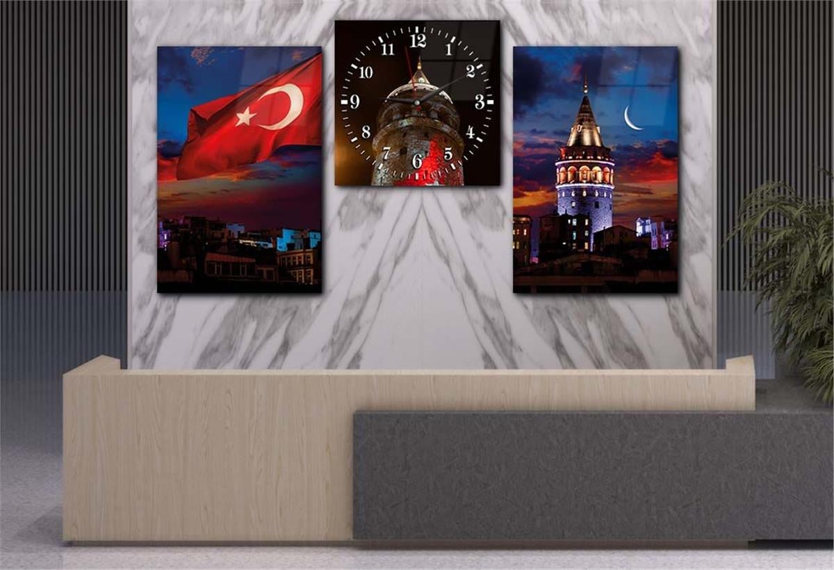 Galata Tower and Turkish Flag Tempered Glass Wall Art Set with Clock