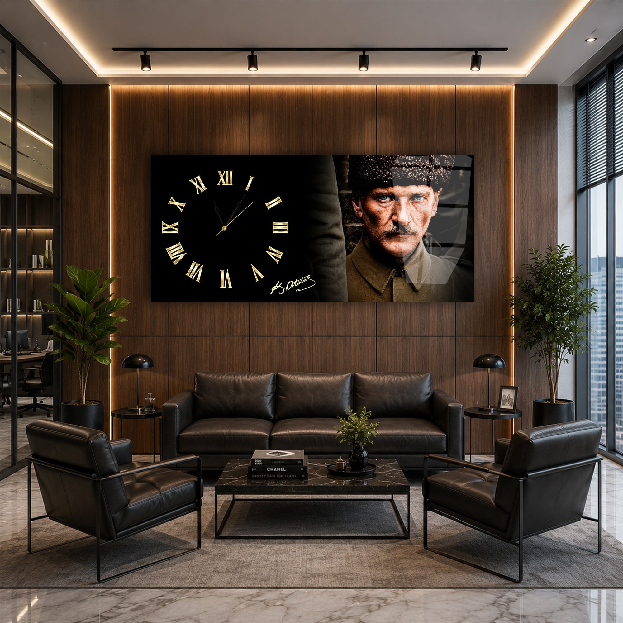 Yatay Saatli Yandan Vatan Temalı Cam Tablo 010